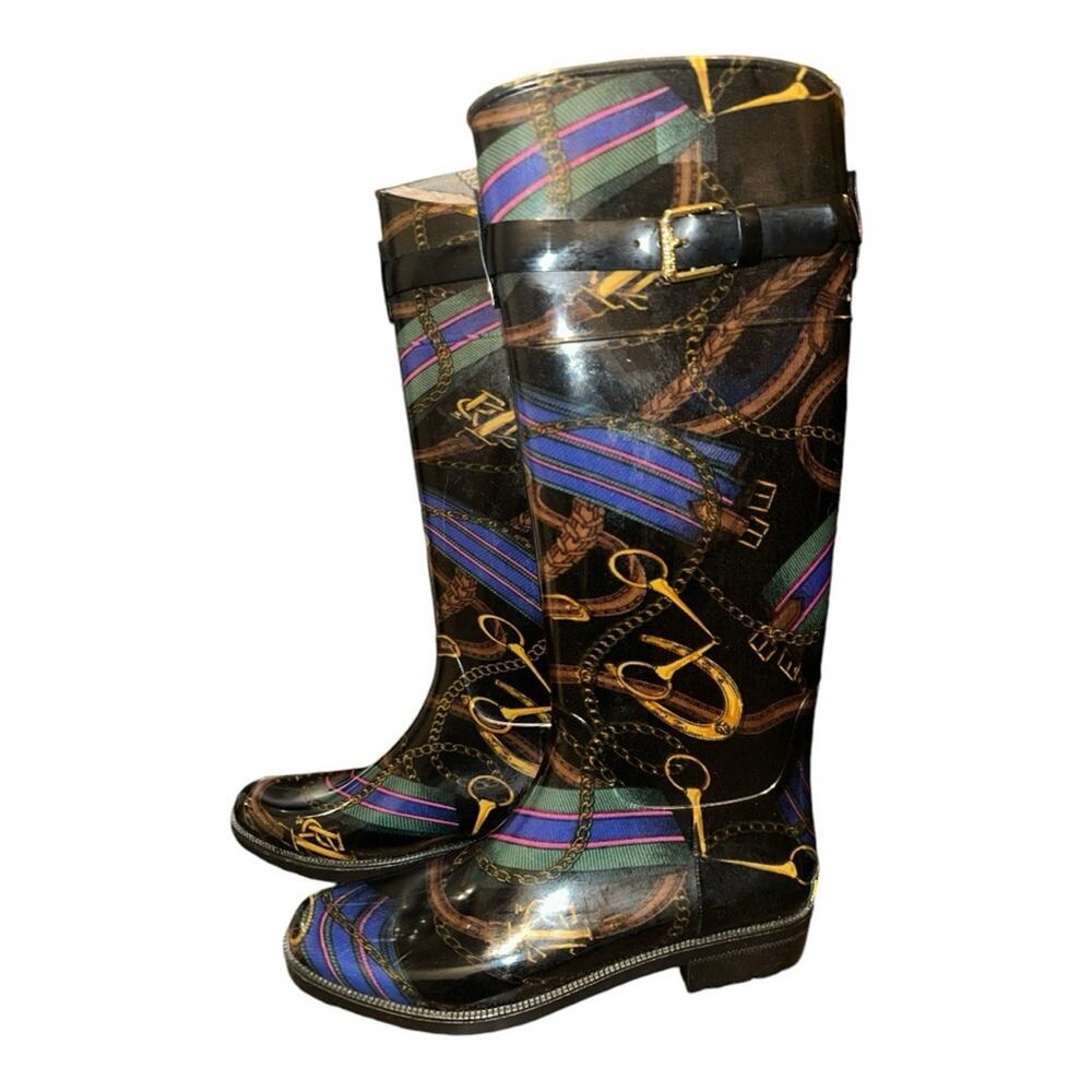 RALPH LAUREN Rosslyn II Horsebit Print Equestrian Style Rain Boots Size 7